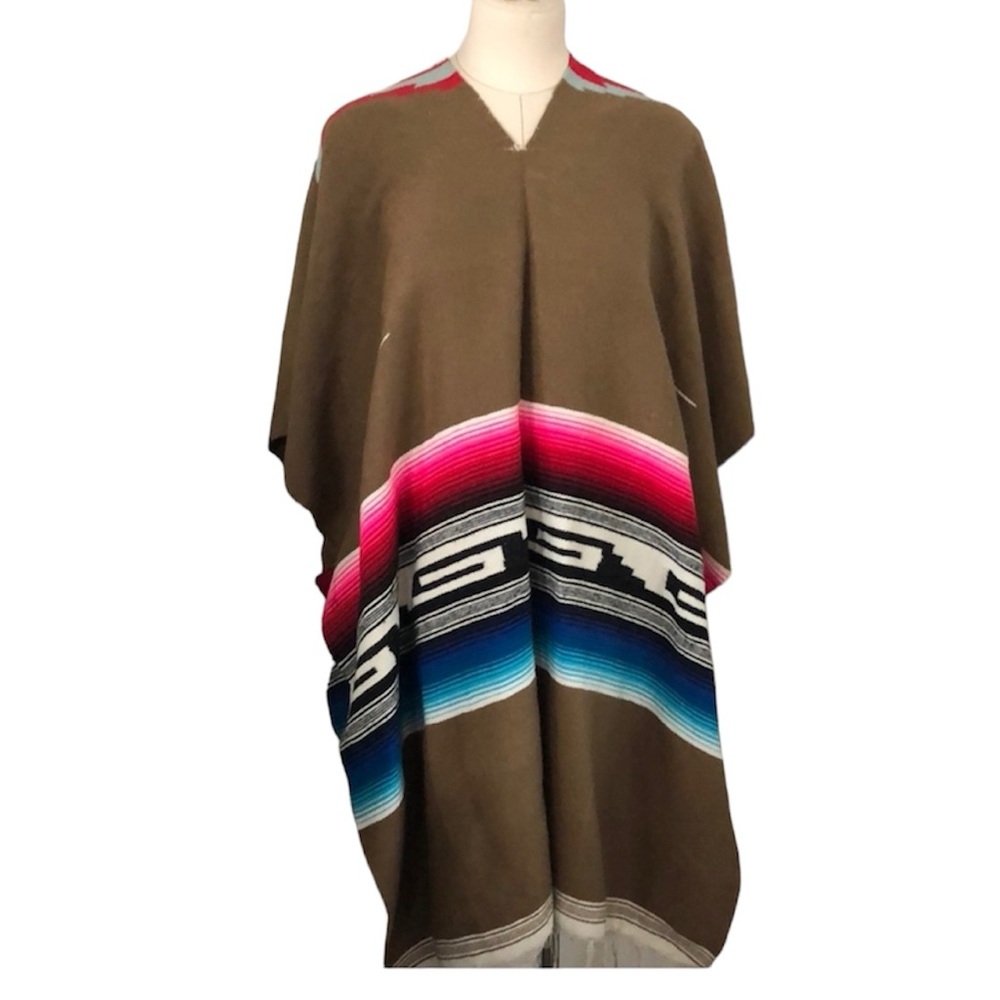 Vintage 70’s multicolored striped Serape poncho brown